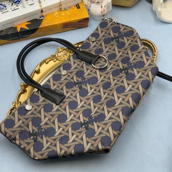 🆕 TORY BURCH 🧿 NWOT Small Basketweave Tote Bag, Cotton Canvas & Leather - AUTH - Picture 15 of 16